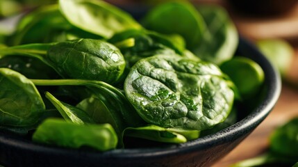 A close-up view of vibrant green spinach leaves arranged in a dark bowl, showcasing freshness and natural texture for healthy meal preparation in a home kitchen setting.