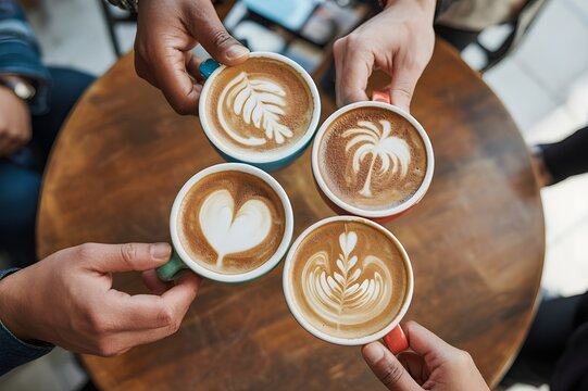 Four hands holding cups of coffee with latte art on a wooden table