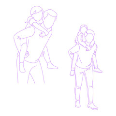Line art illustration of a person carrying a child on their back