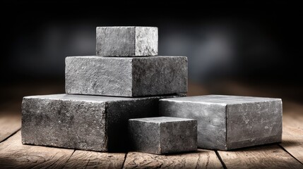 Stack of various textured concrete blocks arranged on rustic wooden background in dramatic lighting for architectural design