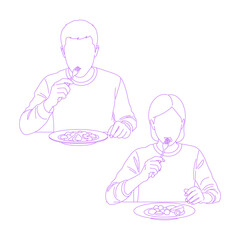 Line art illustration of a person eating food with a fork