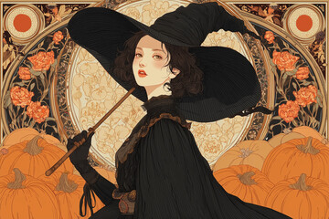 Elegant Fantasy Witch With Broom