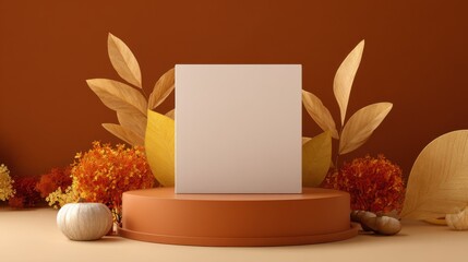 A blank canvas stands on a circular pedestal, accentuated by golden leaves and vibrant autumn flowers. The warm color palette creates an inviting atmosphere for creative work.