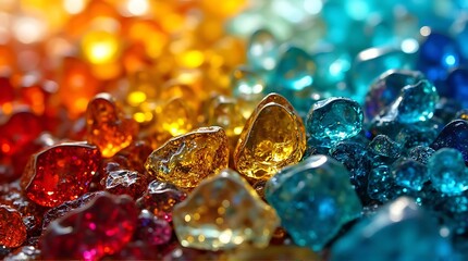  A stained glass-like wall of translucent, multi-colored resin shapes glowing with an internal light.