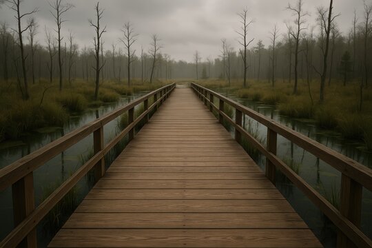 A wooden boardwalk guides the viewer through a serene swamp, surrounded by misty trees. The image captures the solitude and beauty of nature.