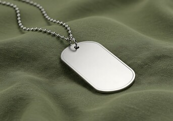 A blank, brushed-metal dog tag on a silver ball chain necklace