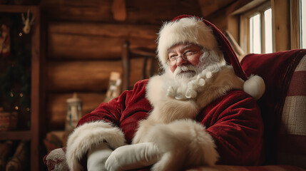 Obraz premium Santa claus relaxing in cozy cabin christmas holiday season portrait