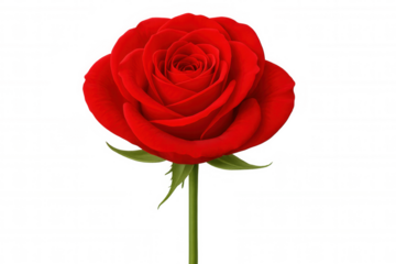 Red rose with blooming petals and green stem, representing love, romance, and beauty. Vector illustration on a transparent background