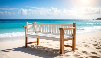 Beach bench under a sunny sky