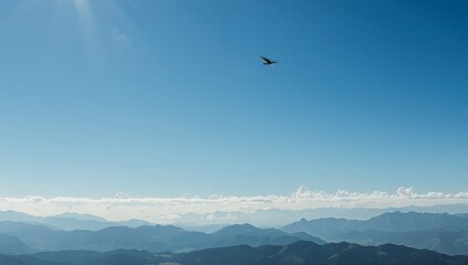 A solitary bird soars through a vast, clear blue sky, overlooking a serene landscape of hazy mountain ranges and a layer of fluffy clouds.