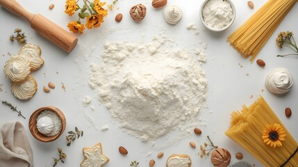 Culinary background composition with baking flour, pasta ingredients, cookies, herbs, nuts, and flowers on minimal white backdrop for recipe design, food blog content, and creative kitchen arrangement