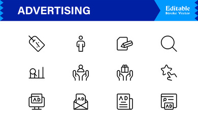 Professional Advertising Line Icon Set with Modern Minimal Design, Unique Marketing Symbols, and Clean Vector Style for Premium Digital Use