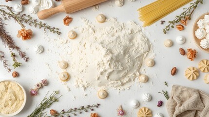 Culinary background composition with baking flour, pasta ingredients, cookies, herbs, nuts, and flowers on minimal white backdrop for recipe design, food blog content, and creative kitchen arrangement