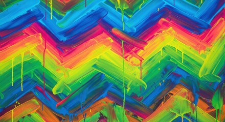 Fototapeta premium A vibrant and energetic abstract painting featuring a bold chevron pattern in a full spectrum of rainbow colors, with drips of paint adding a dynamic texture.