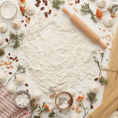 Culinary background composition with baking flour, pasta ingredients, cookies, herbs, nuts, and flowers on minimal white backdrop for recipe design, food blog content, and creative kitchen arrangement