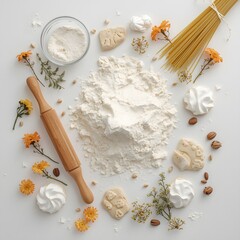 Creative flat lay arrangement of flour, pasta, rolling pin, biscuits, herbs, nuts, and edible flowers on white background for baking, cooking, and culinary presentation with rustic kitchen lifestyle t