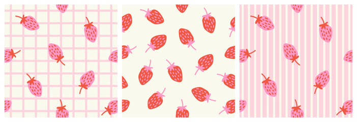 Set of seamless modern summer colorful berry patterns with small pink and red strawberries on white, checkered and striped background; simple cute hand-drawn vector illustration, drawing, flat style