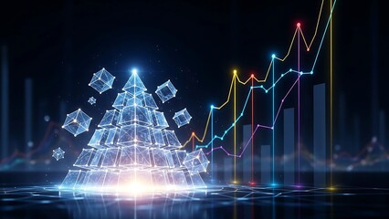 A futuristic Christmas tree made of glowing cubes stands next to a sharply rising, colorful financial graph, symbolizing holiday success and business growth.