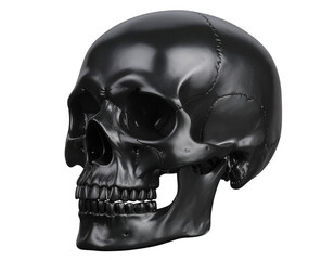 A detailed black skull sculpture showcasing intricate features and smooth surfaces against a plain backdrop.
