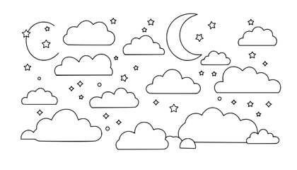Clouds stars moon outline coloring book page, Clouds line art vector drawing illustration
