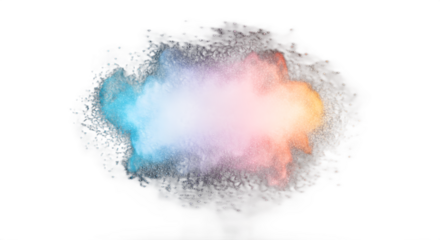 A dynamic explosion of colorful powder creates an abstract floating smoke cloud with soft volumetric lighting, isolated on a white background