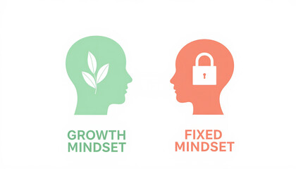 Illustration contrasting growth mindset with fixed mindset, using symbolic heads and icons to represent each concept.