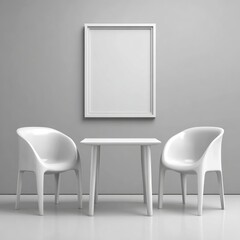 A minimalist, contemporary scene featuring a white framed art piece, a small square table, and two matching armchairs, against a neutral gray backdrop.