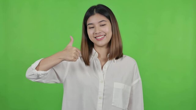 Frau zeigt Daumen hoch &ndash; freigestellt auf gr&uuml;nem Chroma Key Hintergrund