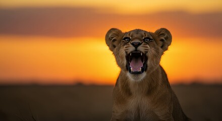 Lion cub roaring at sunset