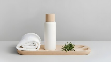 Modern cosmetic mockup scene with clean bottle, herbal rosemary, spa towel, and wooden tray placed on neutral background for wellness, skincare, and cosmetic branding or product design visuals