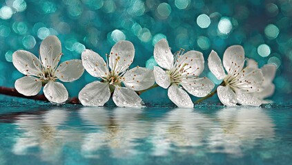 Delicate white blossoms, glistening with dew drops, reflect serenely on a teal water surface, creating a tranquil and beautiful image of spring.
