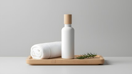 Modern cosmetic mockup scene with clean bottle, herbal rosemary, spa towel, and wooden tray placed on neutral background for wellness, skincare, and cosmetic branding or product design visuals