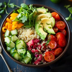 Delicious and colorful quinoa salad bowl with fresh avocado, tomatoes, cucumber, bell pepper, and herbs on dark background