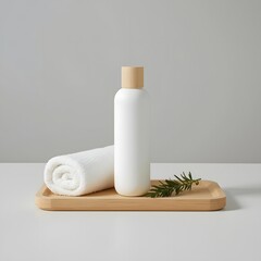Modern cosmetic mockup scene with clean bottle, herbal rosemary, spa towel, and wooden tray placed on neutral background for wellness, skincare, and cosmetic branding or product design visuals