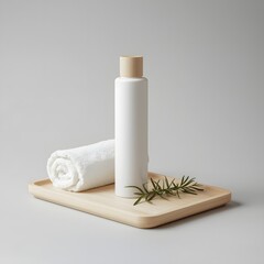 Minimalist spa composition with white cosmetic bottle, rolled towel, and rosemary sprig arranged on wooden tray against neutral background for natural skincare and wellness product presentation