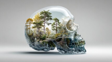 A stunning artwork features a transparent skull filled with a vibrant forest landscape, illustrating the connection between nature and humanity. The intricate details invite closer examination.