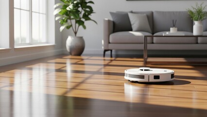 A robotic vacuum cleaner operates on a sunlit wooden floor, symbolizing smart home automation, convenience, and a clean, modern lifestyle.