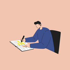 Minimalist Vector Illustration of Person Reading Notebook in Contemporary Style with Soft Pink Background