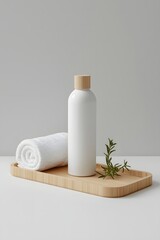 Minimalist spa composition with white cosmetic bottle, rolled towel, and rosemary sprig arranged on wooden tray against neutral background for natural skincare and wellness product presentation