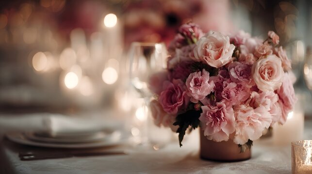Elegant floral centerpiece with pink roses and carnations on a decorated table with romantic lighting