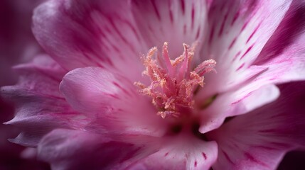 Obraz premium Detailed ro shot of a vibrant pink flower highlighting its intricate petals and central reproductive organs