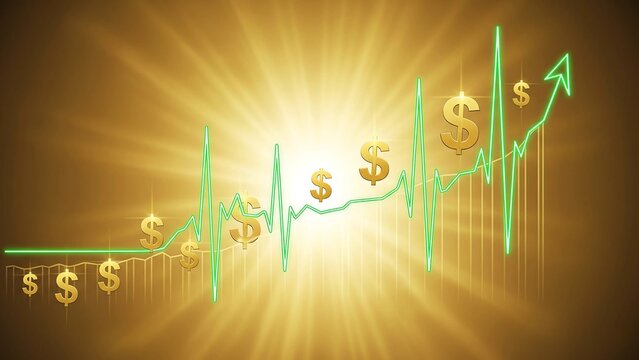 A vibrant green heartbeat graph with gold dollar signs and a rising arrow, set against a golden light, symbolizes financial growth and market success. - Powered by Adobe