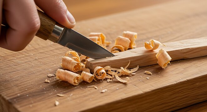 a hand-held carving knife making a delicate cut into a small piece of wood, with fine shavings peeling away.