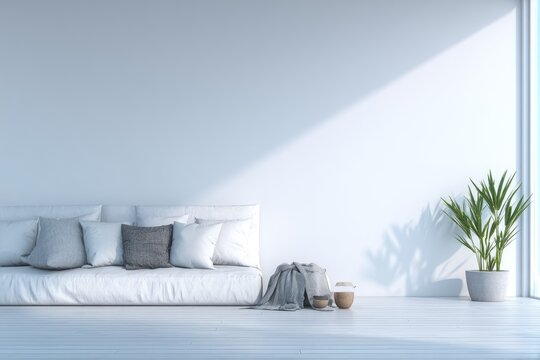 A minimalist, modern living area, featuring a light beige couch with assorted pillows, a potted plant, and neutral tones, illuminated by natural light.