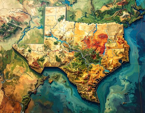Detailed topographic map of Texas, showcasing its varied landscapes and geographical features.