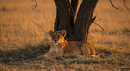 Lioness resting under tree