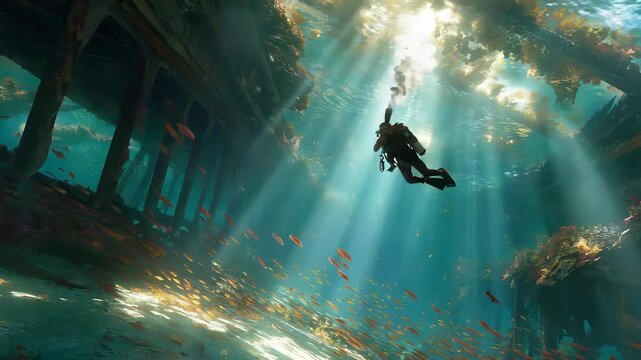 Scuba Diver Exploring Sunken Shipwreck Teeming with Fish, Underwater Adventure, Marine Life, and Sunbeams Filtering Through the Water