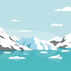 Fototapeta premium Minimalist Vector Background of Arctic Iceberg and Snowy Mountain Scene in Cool Blue Tones