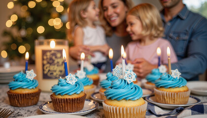 Festive family gathering enjoying Hanukkah cupcakes with blue frosting