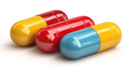 Three vividly colored capsules rest on a clean white surface, showcasing red, yellow, and blue hues. Their round shapes highlight the variety of pharmaceutical products available for healthcare.